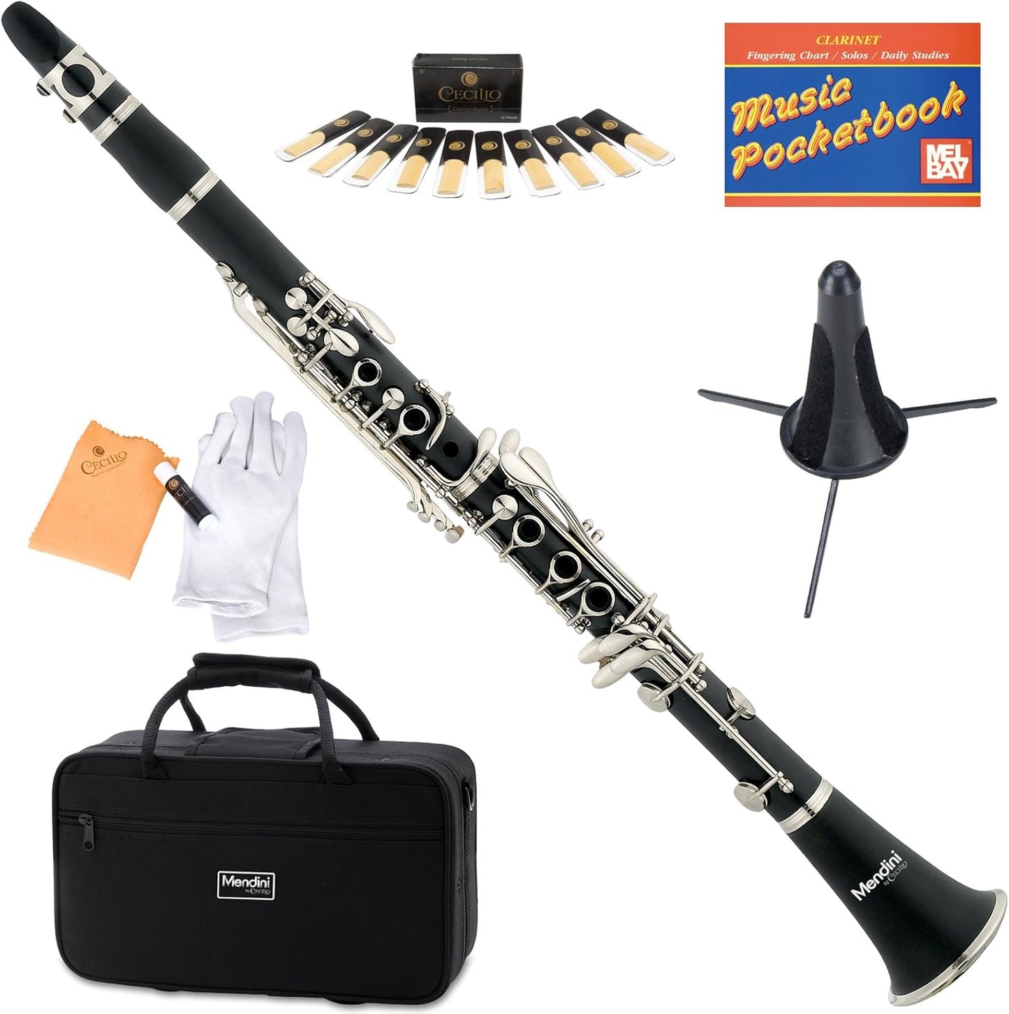 Mendini Beginner Clarinet B Flat with Case, Stand, Mouthpiece, Reeds